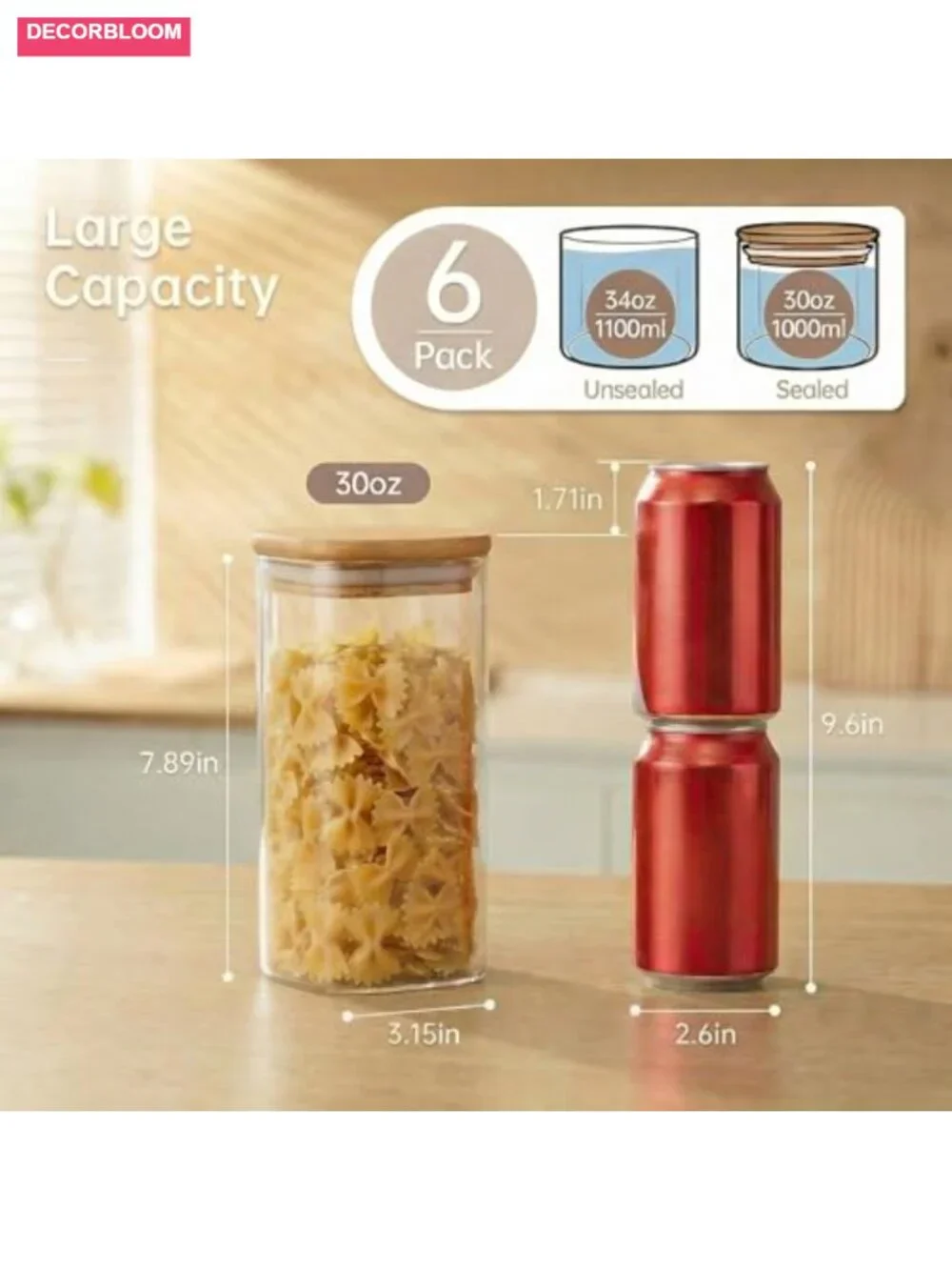 Set of 6 Square Glass Jars with Bamboo Airtight Lids 30 oz Food Storage